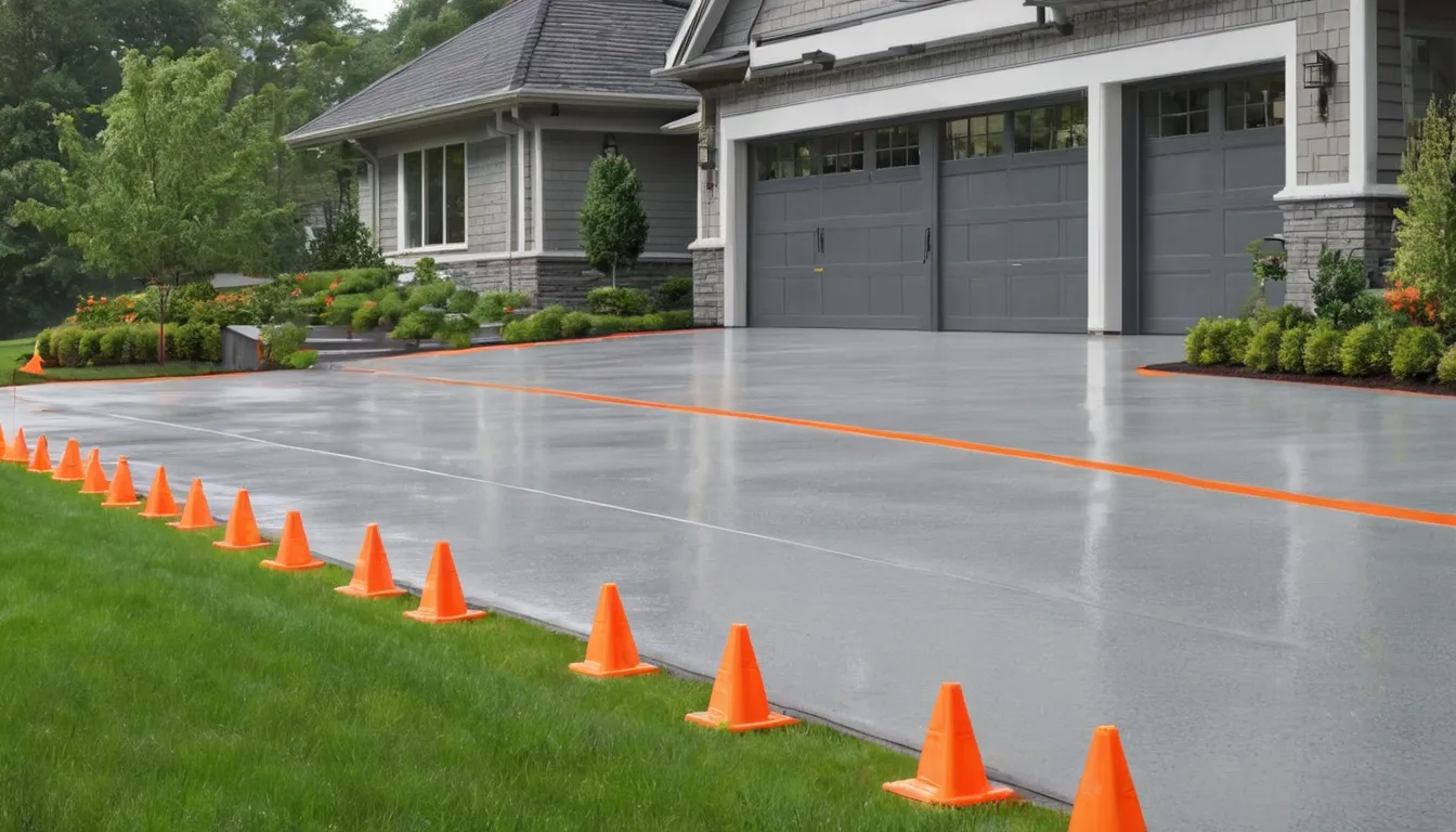 Freshly poured concrete driveway with a broom finish in front of a brick home in Stonecrest
