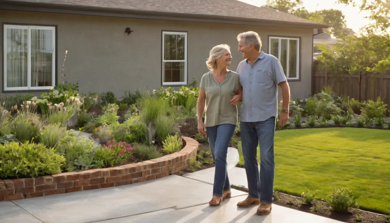 Homeowner couple looking over a freshly poured concrete patio behind a house near Stonecrest