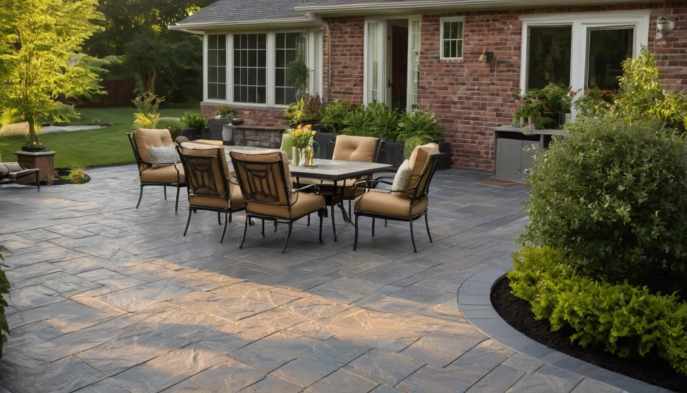 Finished stamped concrete patio with a slate pattern behind a brick home in Stonecrest
